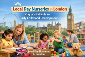 Local day nurseries in London classroom where young children play, learn and interact with teachers supporting early childhood development