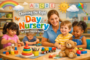 Day nursery in the UK with a qualified caregiver supervising young children during indoor play and learning activities