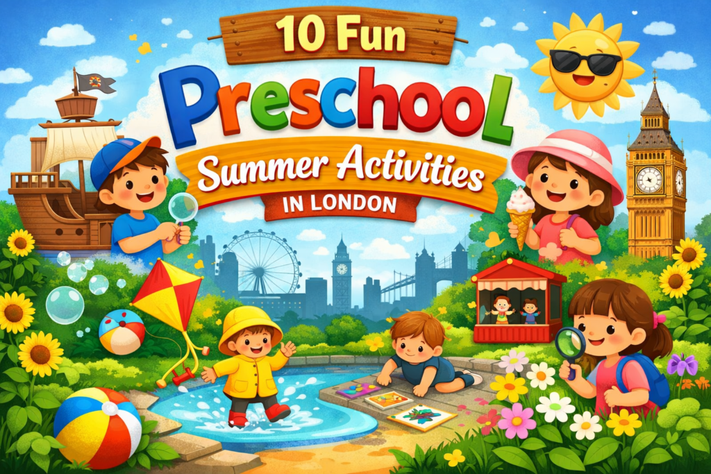 10 Fun Preschool Summer Activities In London 2 Preschool summer activities in London with kids enjoying outdoor play, water fun, art, and games