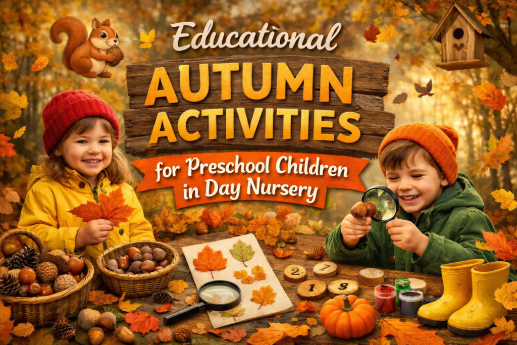 Autumn activities for preschool children exploring leaves, counting objects and sensory play in a day nursery